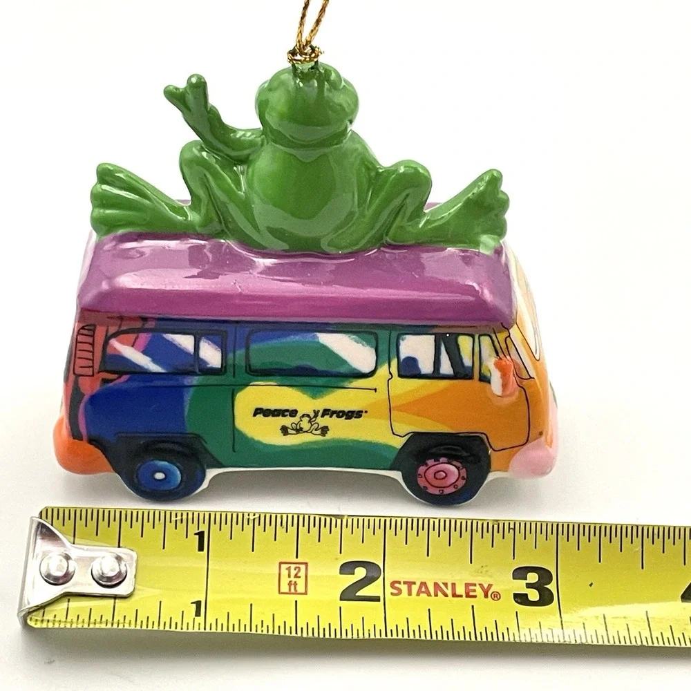 Peace Frogs VW Bus Inspired‎ Ceramic Christmas Tree Ornament Rainbow Hippie